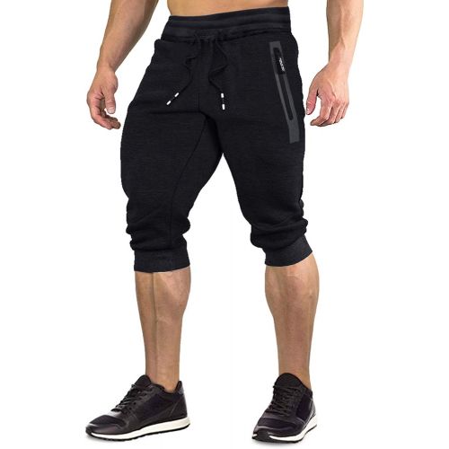  FASKUNOIE Mens 3/4 Joggers Elastic Cotton Capri Pants Below Knee Gym Short Pants with Zip Pockets