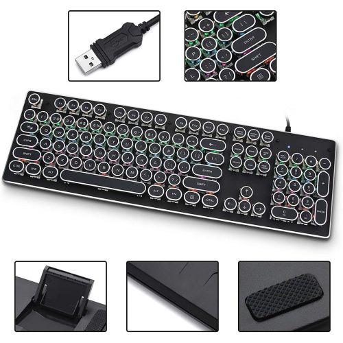  FASTDISK USB LED Backlit Retro Typewriter Mechanical Keyboard -Blue Switch - Round Keycaps -104 Keys Vintage Inspired Steampunk Gaming Keyboard?Mechanical Gaming Keyboard for PC/Mac/Gamer/T