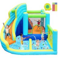 FBSPORT Inflatable Bounce House, Water Slide Park Slide Bouncer with Ball Shooting, Climbing Wall, Jumping and Splash Pool, Kids Bouncy Castle with 450W Air Blower for Outdoor Backyard