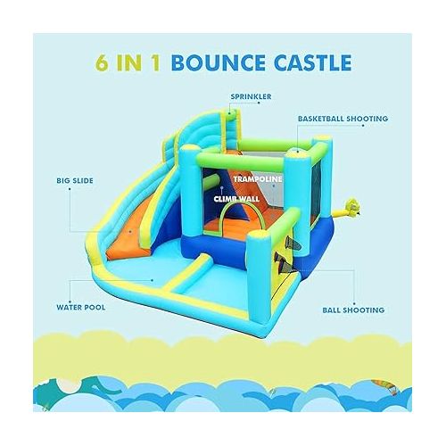  FBSPORT Inflatable Bounce House, Water Slide Park Slide Bouncer with Ball Shooting, Climbing Wall, Jumping and Splash Pool, Kids Bouncy Castle with 450W Air Blower for Outdoor Backyard