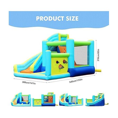  FBSPORT Inflatable Bounce House, Water Slide Park Slide Bouncer with Ball Shooting, Climbing Wall, Jumping and Splash Pool, Kids Bouncy Castle with 450W Air Blower for Outdoor Backyard