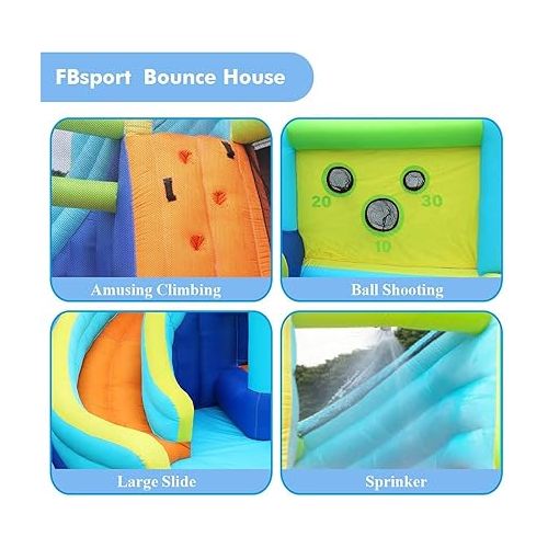  FBSPORT Inflatable Bounce House, Water Slide Park Slide Bouncer with Ball Shooting, Climbing Wall, Jumping and Splash Pool, Kids Bouncy Castle with 450W Air Blower for Outdoor Backyard