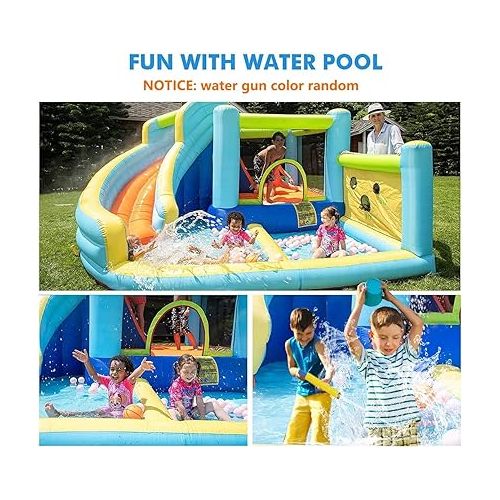  FBSPORT Inflatable Bounce House, Water Slide Park Slide Bouncer with Ball Shooting, Climbing Wall, Jumping and Splash Pool, Kids Bouncy Castle with 450W Air Blower for Outdoor Backyard