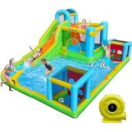 FBSPORT Inflatable Bounce House, 9 in 1 Water Slide with Blower, Bouncy House for Kids Indoor Outdoor Wet Dry Combo Water Bounce House with Football Shooting, Water Gun, Splash Pool, Bounce Area, Hose