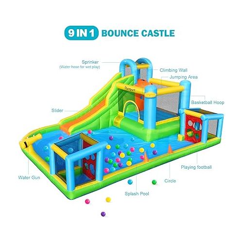  FBSPORT Inflatable Bounce House, 9 in 1 Water Slide with Blower, Bouncy House for Kids Indoor Outdoor Wet Dry Combo Water Bounce House with Football Shooting, Water Gun, Splash Pool, Bounce Area, Hose