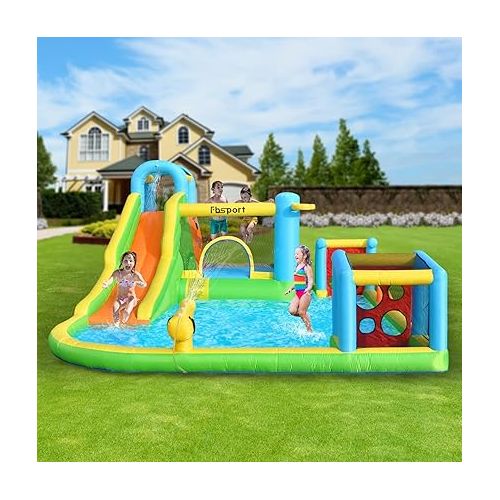  FBSPORT Inflatable Bounce House, 9 in 1 Water Slide with Blower, Bouncy House for Kids Indoor Outdoor Wet Dry Combo Water Bounce House with Football Shooting, Water Gun, Splash Pool, Bounce Area, Hose