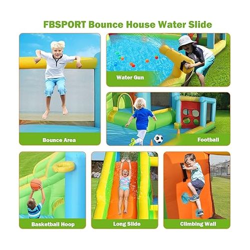  FBSPORT Inflatable Bounce House, 9 in 1 Water Slide with Blower, Bouncy House for Kids Indoor Outdoor Wet Dry Combo Water Bounce House with Football Shooting, Water Gun, Splash Pool, Bounce Area, Hose
