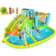 FBSPORT Inflatable Bounce House Double Slide, Water Slide Park Bouncer Castle with Water Gun, Climbing Wall, Jumping and Splash Pool, Kids Bouncy Castle with 550W Air Blower for Outdoor Backyard