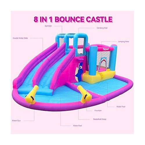  FBSPORT Inflatable Bounce House Double Slide, Water Slide Park Bouncer Castle with Water Gun, Climbing Wall, Jumping and Splash Pool, Kids Bouncy Castle with 550W Air Blower for Outdoor Backyard