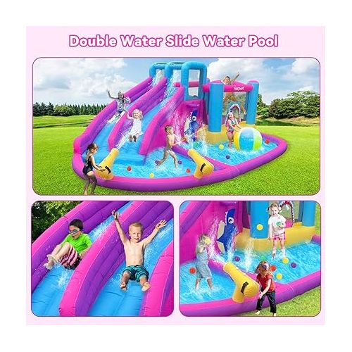  FBSPORT Inflatable Bounce House Double Slide, Water Slide Park Bouncer Castle with Water Gun, Climbing Wall, Jumping and Splash Pool, Kids Bouncy Castle with 550W Air Blower for Outdoor Backyard