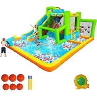 FBSPORT Inflatable Bounce House Water Slide, 9 in 1 Bounce House for Kids Indoor Outdoor Bouncy House with 550W Blower, Water Bounce House with Ball Shooting, Water Gun, Splash Pool, Bounce Area, Hose