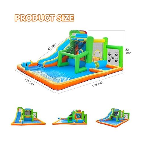  FBSPORT Inflatable Bounce House Water Slide, 9 in 1 Bounce House for Kids Indoor Outdoor Bouncy House with 550W Blower, Water Bounce House with Ball Shooting, Water Gun, Splash Pool, Bounce Area, Hose