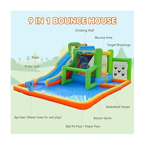  FBSPORT Inflatable Bounce House Water Slide, 9 in 1 Bounce House for Kids Indoor Outdoor Bouncy House with 550W Blower, Water Bounce House with Ball Shooting, Water Gun, Splash Pool, Bounce Area, Hose