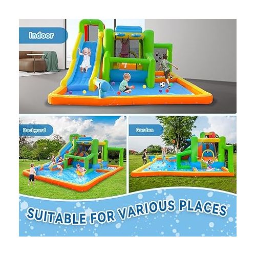  FBSPORT Inflatable Bounce House Water Slide, 9 in 1 Bounce House for Kids Indoor Outdoor Bouncy House with 550W Blower, Water Bounce House with Ball Shooting, Water Gun, Splash Pool, Bounce Area, Hose