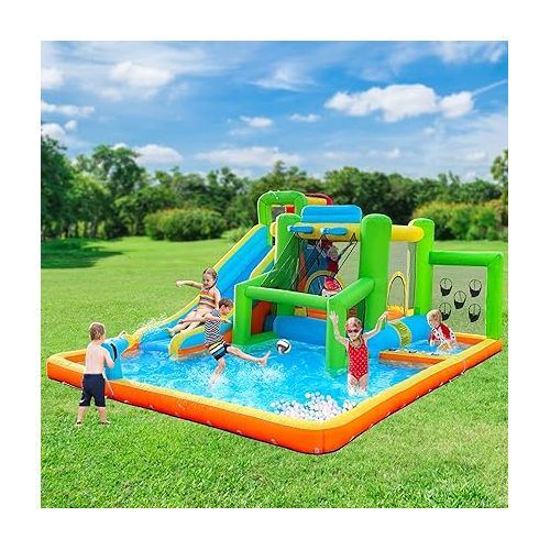  FBSPORT Inflatable Bounce House Water Slide, 9 in 1 Bounce House for Kids Indoor Outdoor Bouncy House with 550W Blower, Water Bounce House with Ball Shooting, Water Gun, Splash Pool, Bounce Area, Hose