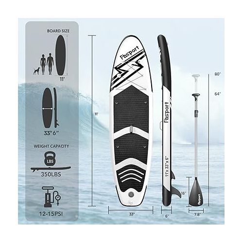  FBSPORT 11' Premium Stand Up Paddle Board, Yoga Board with Durable SUP Accessories & Carry Bag | Wide Stance, Surf Control, Non-Slip Deck, Leash, Paddle and Pump for Youth & Adult