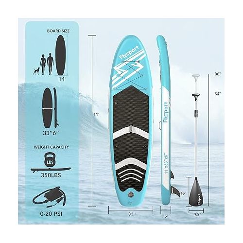  FBSPORT 11FT Premium Inflatable Stand Up Paddle Board, Yoga Board with Durable SUP Accessories & Carry Bag | Wide Stance, Surf Control, Non-Slip Deck, Leash, Paddle and Pump for Youth & Adult