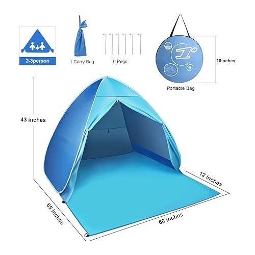  FBSPORT Beach Tent, UPF 50+ Easy Pop Up Beach Shade Beach Tent, Sun Shelter Instant Portable Beach Tent Umbrella Baby Canopy Cabana with Carry Bag, Blue