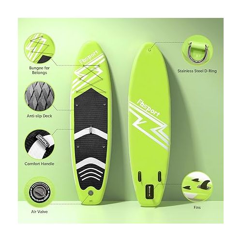  FBSPORT 10'6'' Premium Inflatable Stand Up Paddle Board, Yoga Board with Durable SUP Accessories & Carry Bag | Wide Stance, Surf Control, Non-Slip Deck, Leash, Paddle and Pump for Youth & Adult