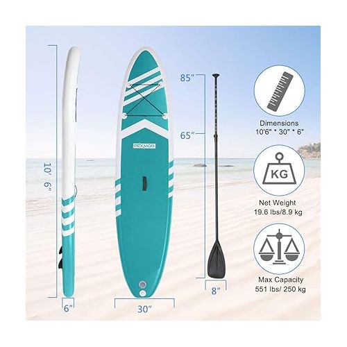  FCH Inflatable Paddle Boards Stand Up 10.5'x30 x6 ISUP Surf Control Non-Slip Deck Standing Boat with Carry Bag, Floated Paddle, Hand Pump, Removable Fin, Leash, Repair Kit