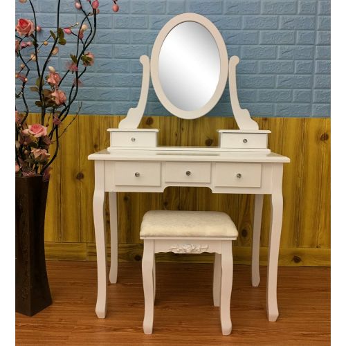  FCH Girls Vanity Table Set with Mirror 5 Drawer Makeup Vanity Table with Drawers and Stool