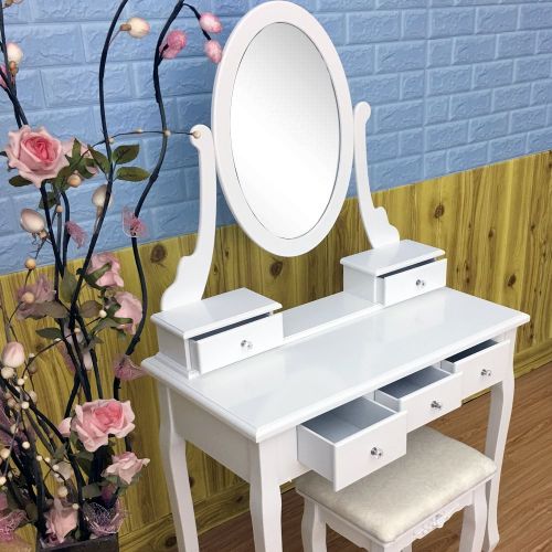  FCH Girls Vanity Table Set with Mirror 5 Drawer Makeup Vanity Table with Drawers and Stool