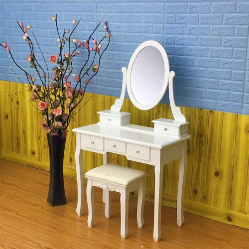  FCH Girls Vanity Table Set with Mirror 5 Drawer Makeup Vanity Table with Drawers and Stool