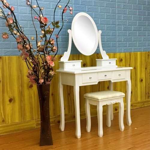  FCH Girls Vanity Table Set with Mirror 5 Drawer Makeup Vanity Table with Drawers and Stool