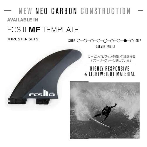  FCS II MF Neo Carbon Black/Grey Large Tri Fins - Mick Fanning's signature FCS II MF fin in Neo Carbon material for fast power surfing.