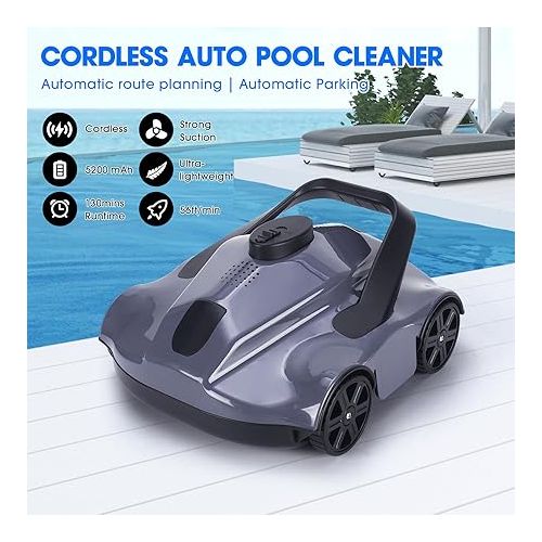  Pool Cleaner, Cordless Pool Vacuum Robot with 130 Mins Runtime, Fast Charging, Powerful Suction, Self - Parking Automatic Swimming Pool Cleaning Machine