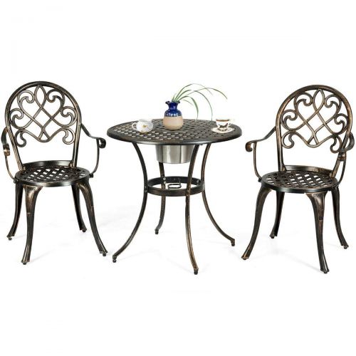  FDInspiration Antique Bronze 3Pcs Cast Aluminum Pool Side Table Armrest Chair Patio Bistro Outdoor Set w/Removable Ice Bucket with Ebook