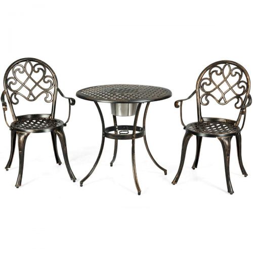  FDInspiration Antique Bronze 3Pcs Cast Aluminum Pool Side Table Armrest Chair Patio Bistro Outdoor Set w/Removable Ice Bucket with Ebook