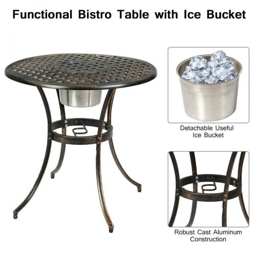  FDInspiration Antique Bronze 3Pcs Cast Aluminum Pool Side Table Armrest Chair Patio Bistro Outdoor Set w/Removable Ice Bucket with Ebook