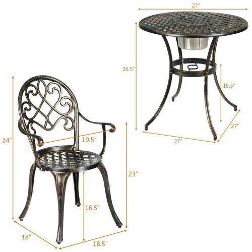  FDInspiration Antique Bronze 3Pcs Cast Aluminum Pool Side Table Armrest Chair Patio Bistro Outdoor Set w/Removable Ice Bucket with Ebook