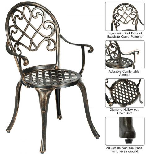  FDInspiration Antique Bronze 3Pcs Cast Aluminum Pool Side Table Armrest Chair Patio Bistro Outdoor Set w/Removable Ice Bucket with Ebook