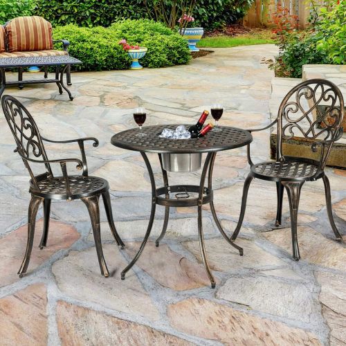  FDInspiration Antique Bronze 3Pcs Cast Aluminum Pool Side Table Armrest Chair Patio Bistro Outdoor Set w/Removable Ice Bucket with Ebook