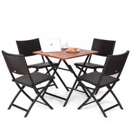 FDInspiration 5 Pcs Deck Patio Folding Table Dining Set Outdoor Seat w/ 4 Rattan Sling Back Chairs with Ebook