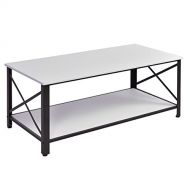 FDInspiration White Wood Coffee Table Metal Frame Minimal Style w/ Bottom Storage Shelf