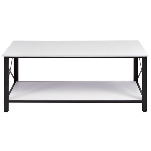  FDInspiration White Wood Coffee Table Metal Frame Minimal Style w/ Bottom Storage Shelf