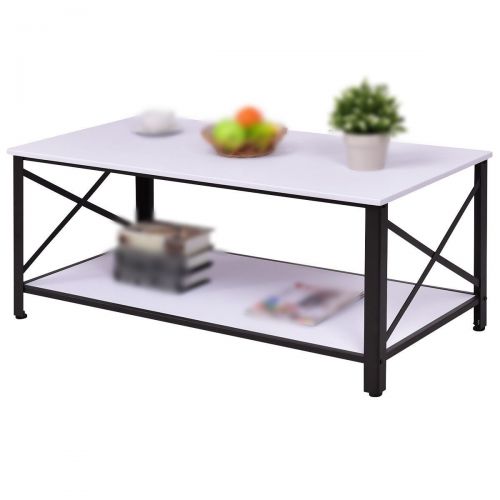  FDInspiration White Wood Coffee Table Metal Frame Minimal Style w/ Bottom Storage Shelf