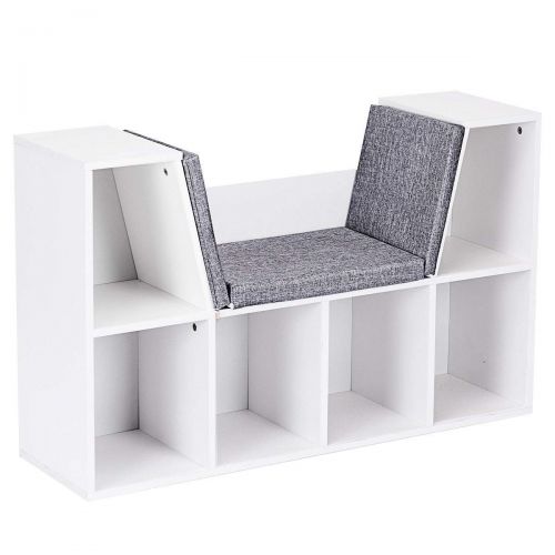  FDInspiration White 40.5 Multi Purpose Kid Storage Book Shelf Cabinet Cushioned Reading Nook Bookcase w 6 Cubby with Ebook
