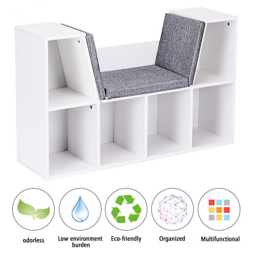  FDInspiration White 40.5 Multi Purpose Kid Storage Book Shelf Cabinet Cushioned Reading Nook Bookcase w 6 Cubby with Ebook