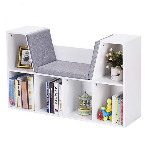  FDInspiration White 40.5 Multi Purpose Kid Storage Book Shelf Cabinet Cushioned Reading Nook Bookcase w 6 Cubby with Ebook