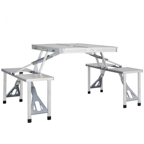  FDInspiration Silver Portable Folding Aluminum Picnic Table Multi Functional Design w/ 4 Connected Seats