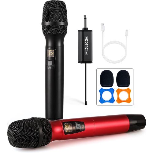  Wireless Microphone, Karaoke Mic, FDUCE UHF Dual Handheld Dynamic System with Rechargeable Receiver for Party, Church, Meeting, Wedding, 260ft (Black and Red)