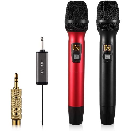  Wireless Microphone, Karaoke Mic, FDUCE UHF Dual Handheld Dynamic System with Rechargeable Receiver for Party, Church, Meeting, Wedding, 260ft (Black and Red)