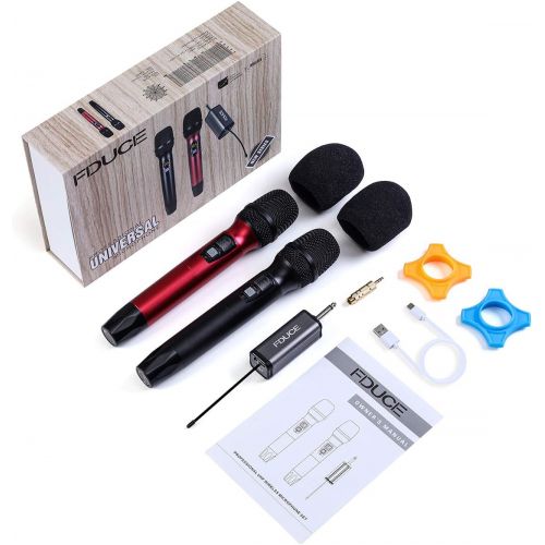  Wireless Microphone, Karaoke Mic, FDUCE UHF Dual Handheld Dynamic System with Rechargeable Receiver for Party, Church, Meeting, Wedding, 260ft (Black and Red)