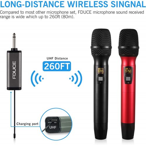  Wireless Microphone, Karaoke Mic, FDUCE UHF Dual Handheld Dynamic System with Rechargeable Receiver for Party, Church, Meeting, Wedding, 260ft (Black and Red)