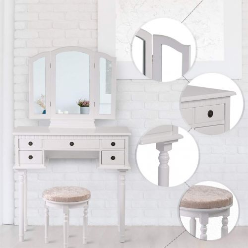  FDW Makeup Vanity Table Set 3 Mirror and 5 Organization Drawers Vanity Beauty Set with Cushioned Stool,White