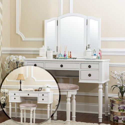  FDW Makeup Vanity Table Set 3 Mirror and 5 Organization Drawers Vanity Beauty Set with Cushioned Stool,White